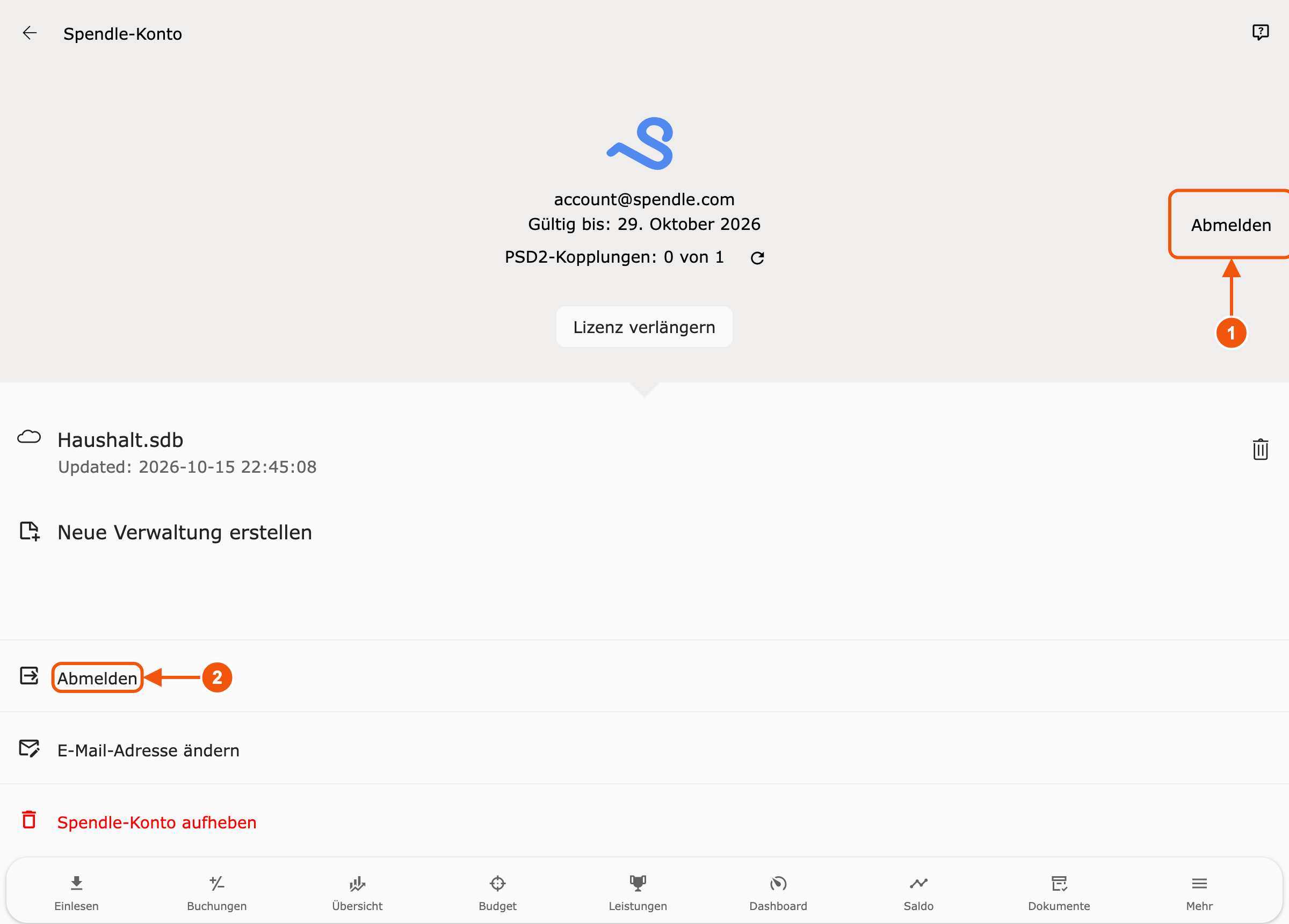 Kontoseite mit markiertem Abmelden