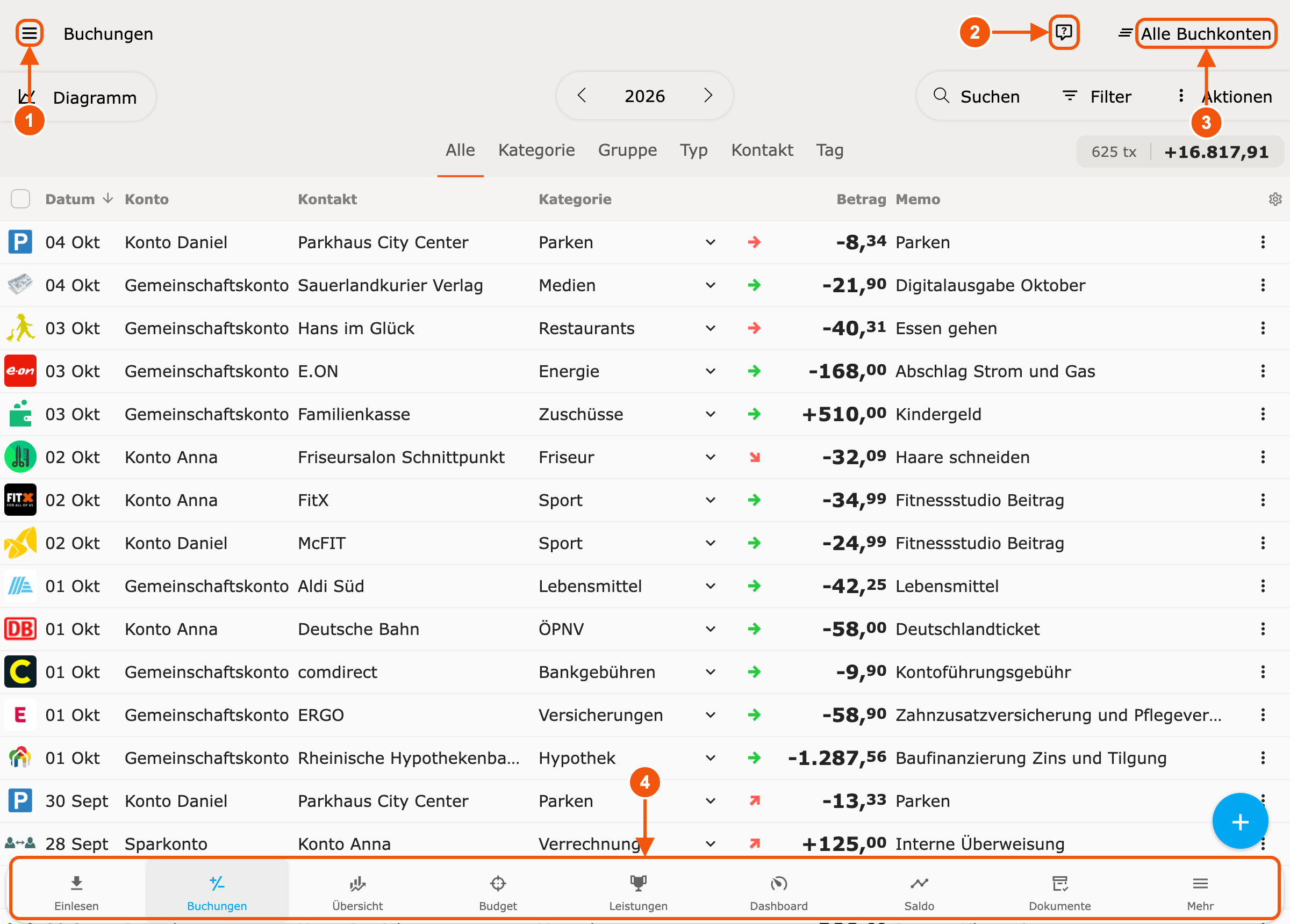 Hauptbildschirm von Spendle mit Menü, Hilfe-Schaltfläche, Profilauswahl und Navigationsleiste