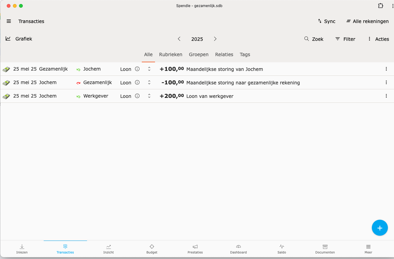 Example of transfers to and from the joint account