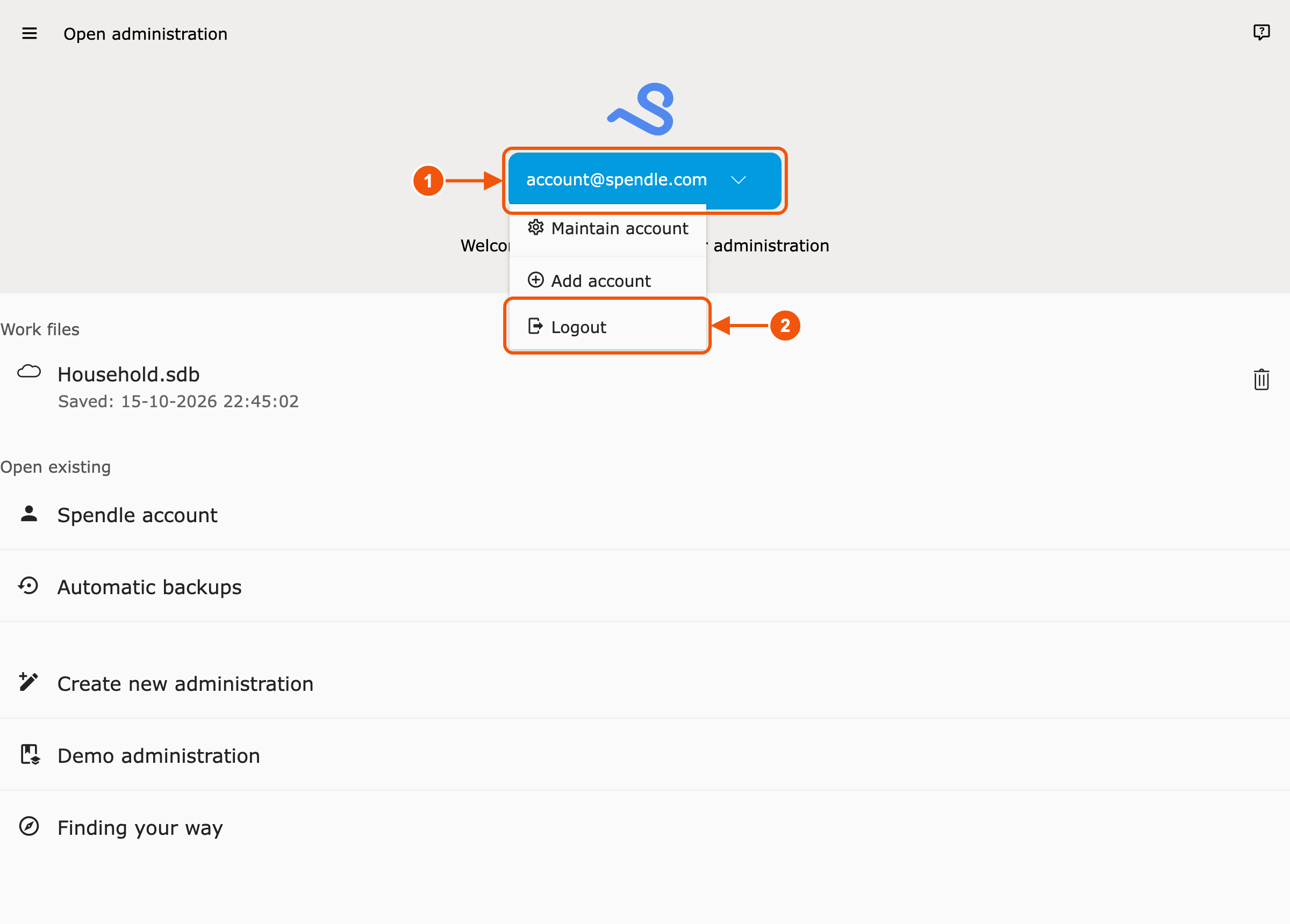 Start screen with the account menu open and Logout highlighted