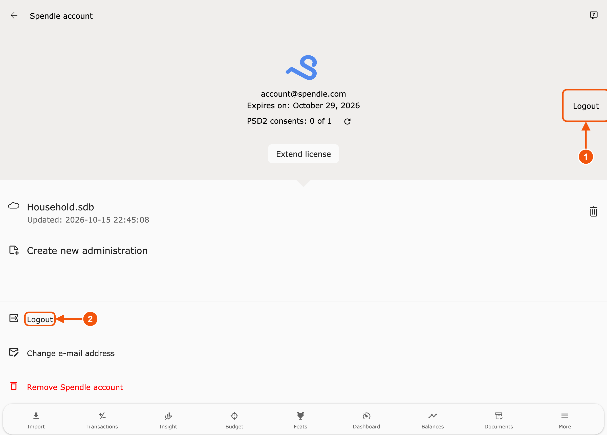 Account page with Logout highlighted