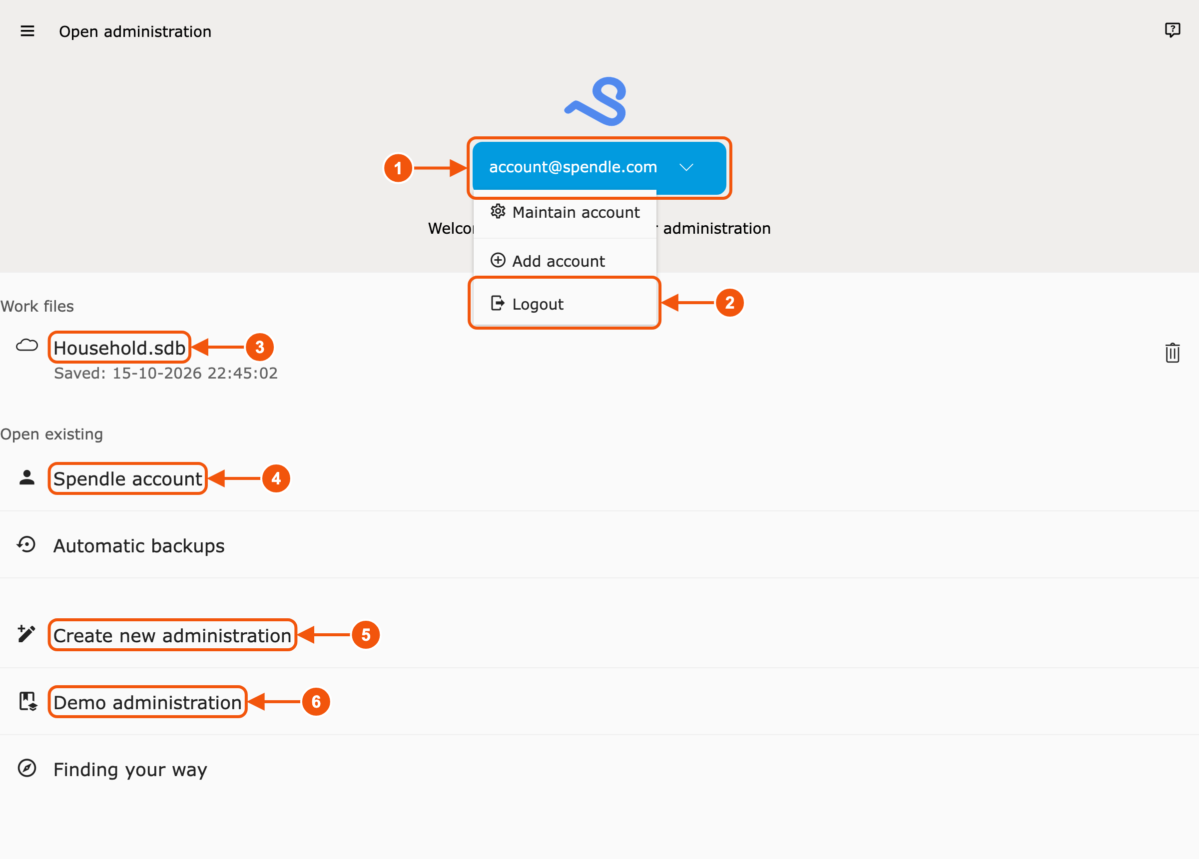 Spendle start screen with numbered pointers