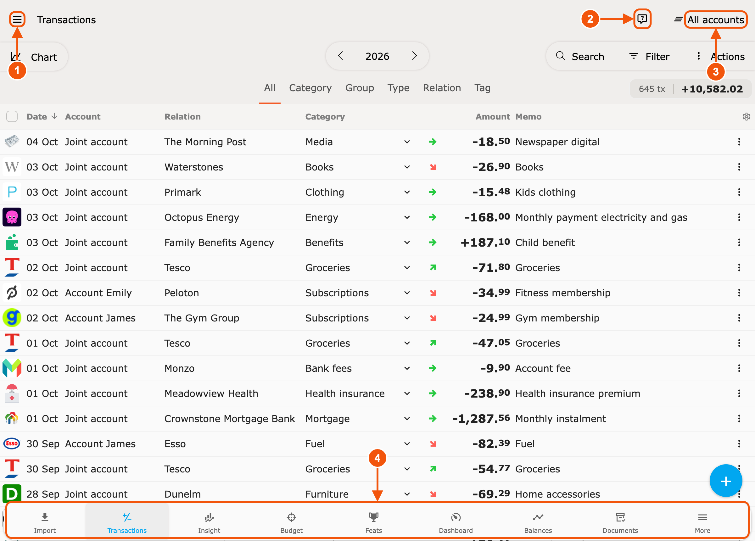 Spendle main screen with menu, help button, profile selector and navigation bar