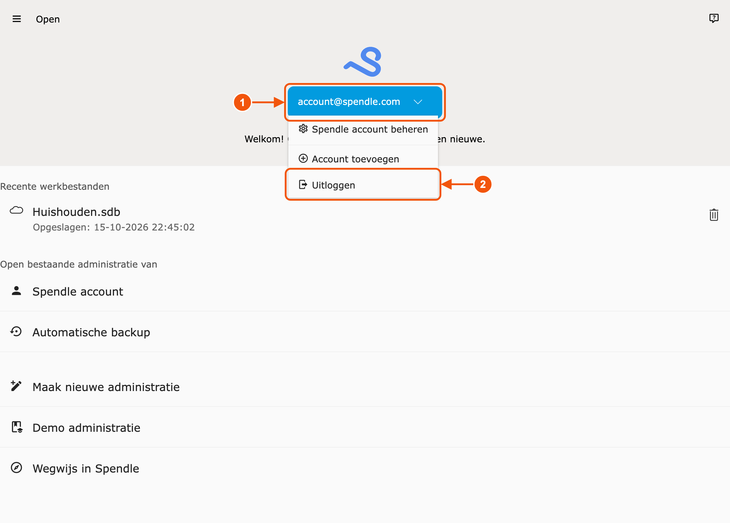 Startscherm met het accountmenu open en Uitloggen gemarkeerd