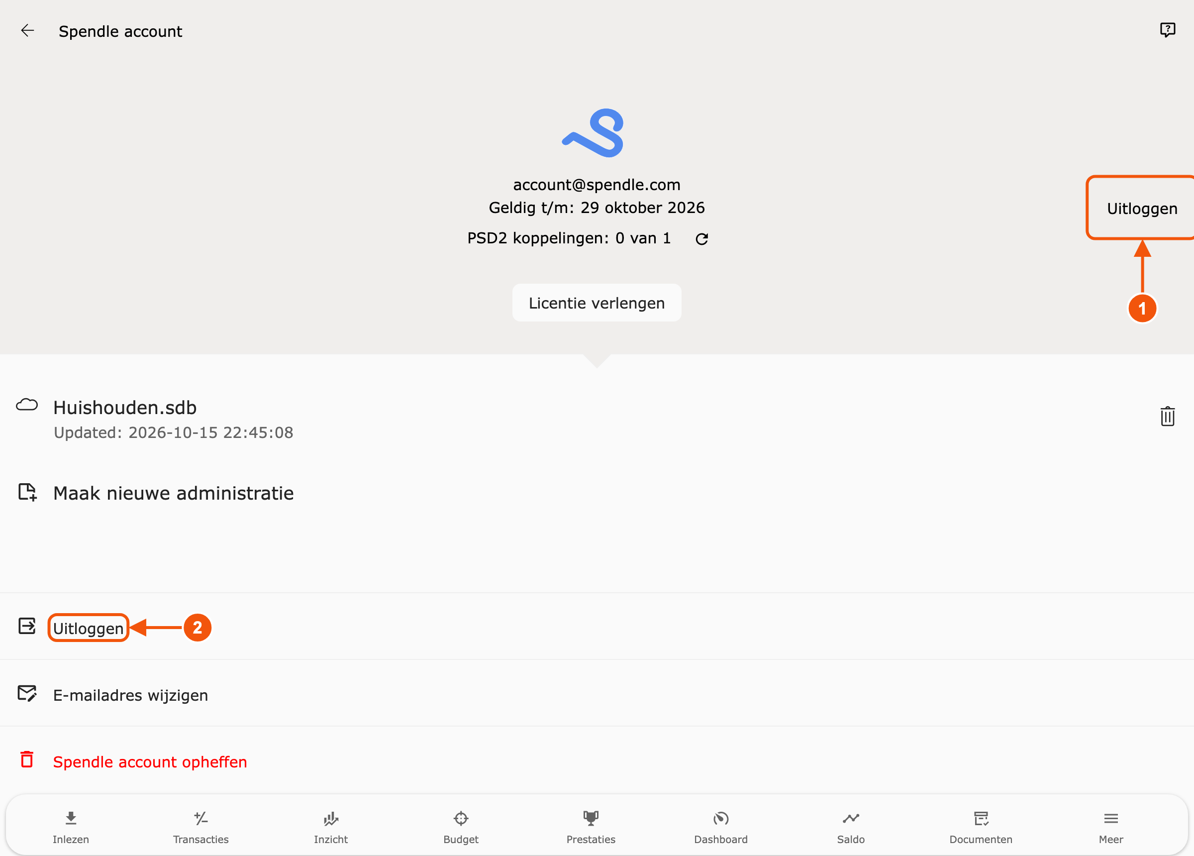 Accountpagina met Uitloggen gemarkeerd