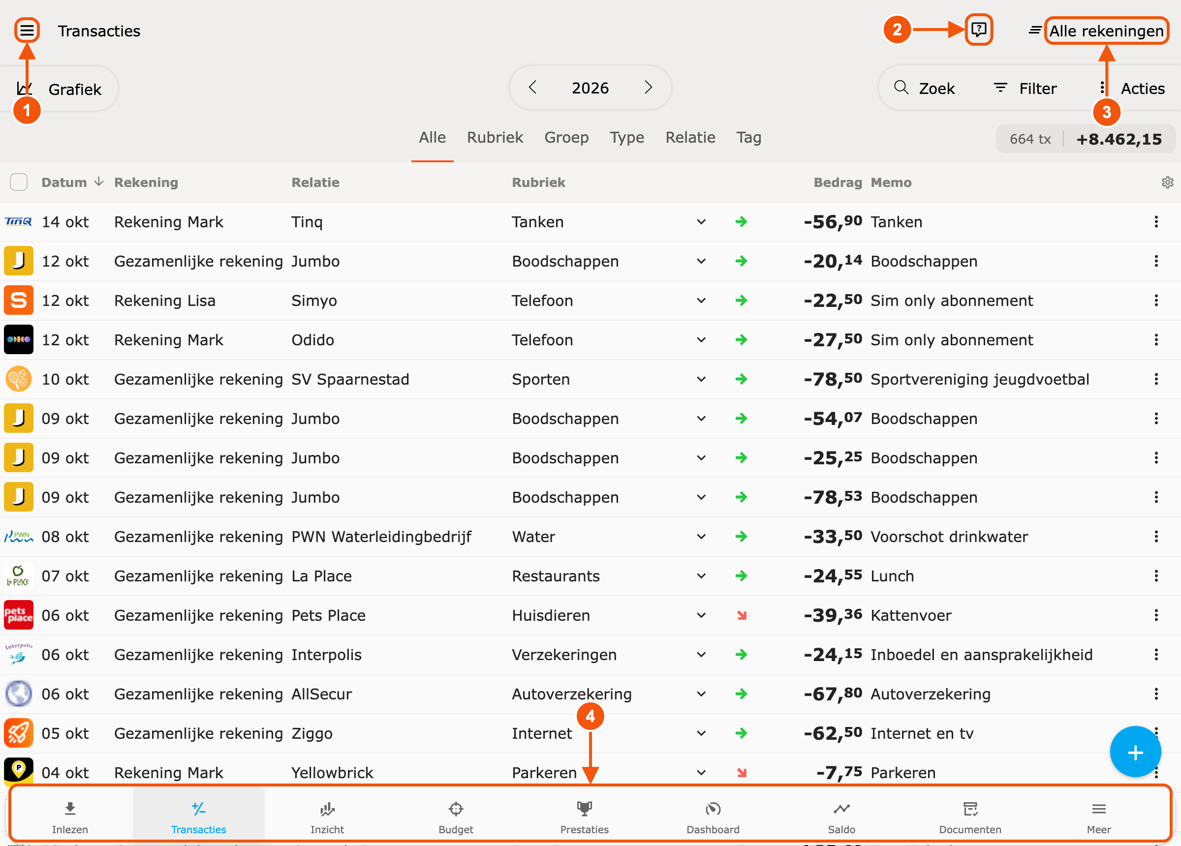 Hoofdscherm van Spendle met menu, help-knop, profielkeuze en navigatiebalk