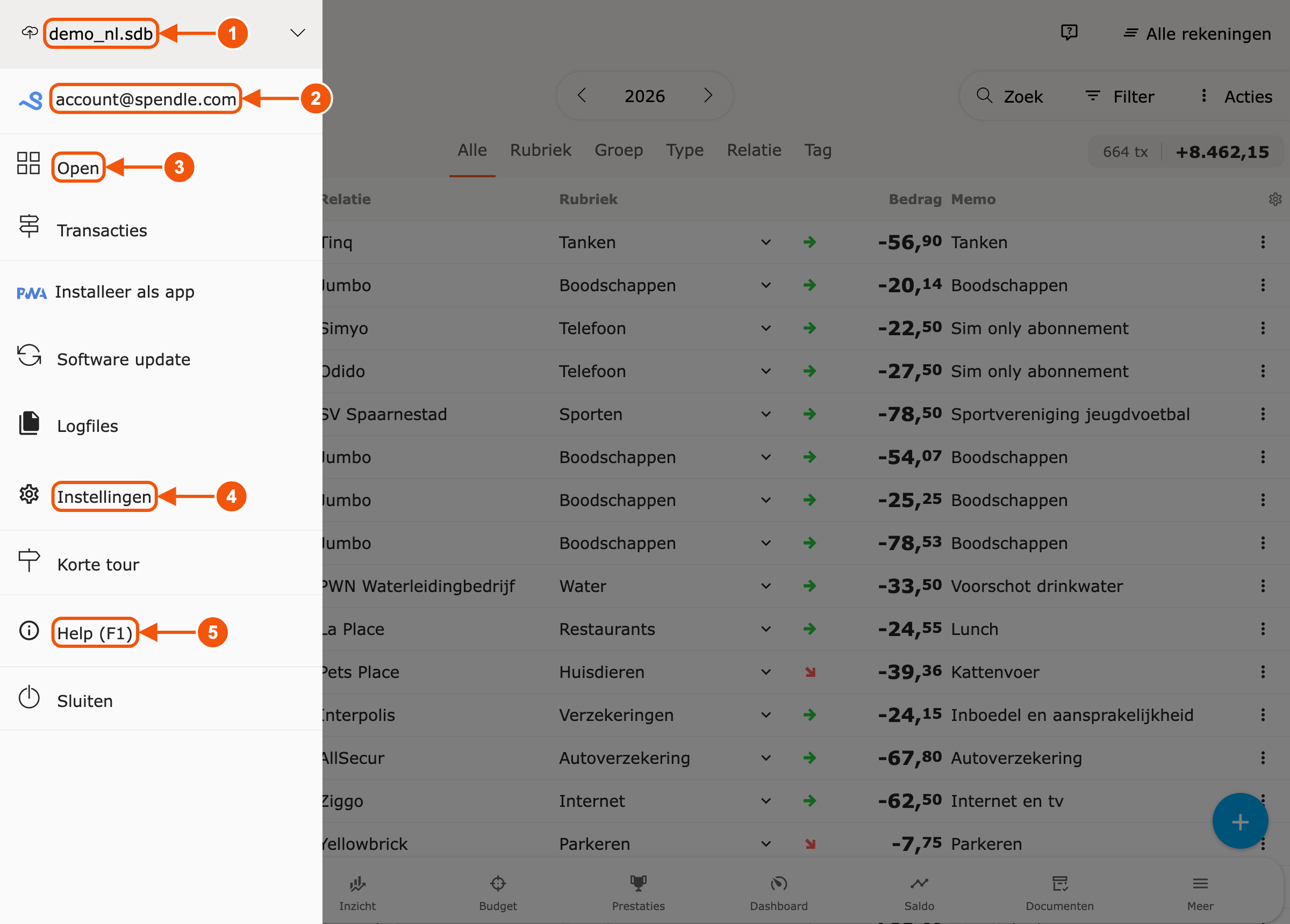 Geopend menu van Spendle met genummerde aanwijzingen
