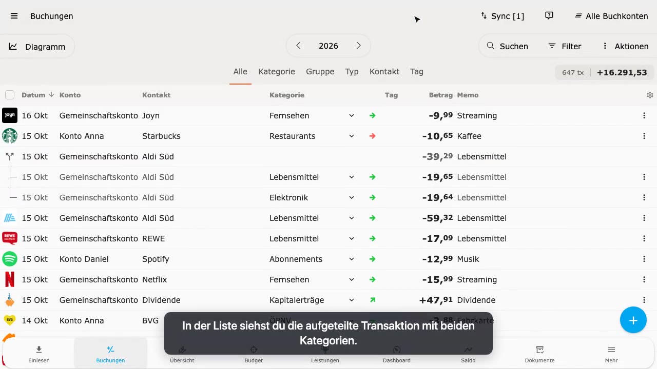 Transaktion aufteilen