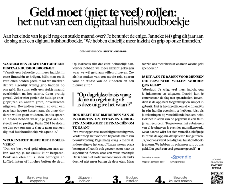 Het nut van een digitaal huishoudboekje. Lees het volledige artikel van Janneke over Spendle, onderdeel van de landelijke campagne "Goede voornemens" in de Telegraaf van 29 december 2023.